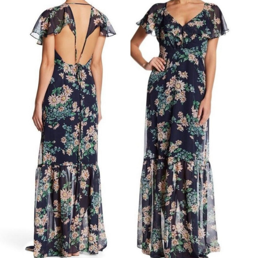Betsey Johnson Maxi Dress 4 Blue Chiffon Flutter Sleeve Floral Open Back V-Neck